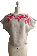 Load image into Gallery viewer, Jen Crop top in Linen w/ Thistle Print - Flax, Grey &amp; Pink - Small
