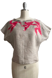 Jen Crop top in Linen w/ Thistle Print - Flax, Grey & Pink - Small