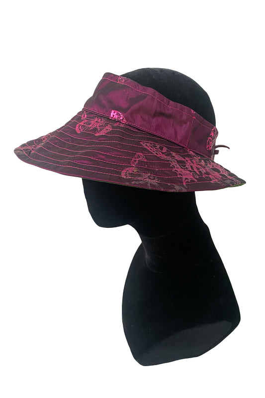 Rimini Visor in Silk Taffeta - Butterfly Print - Purple & Green