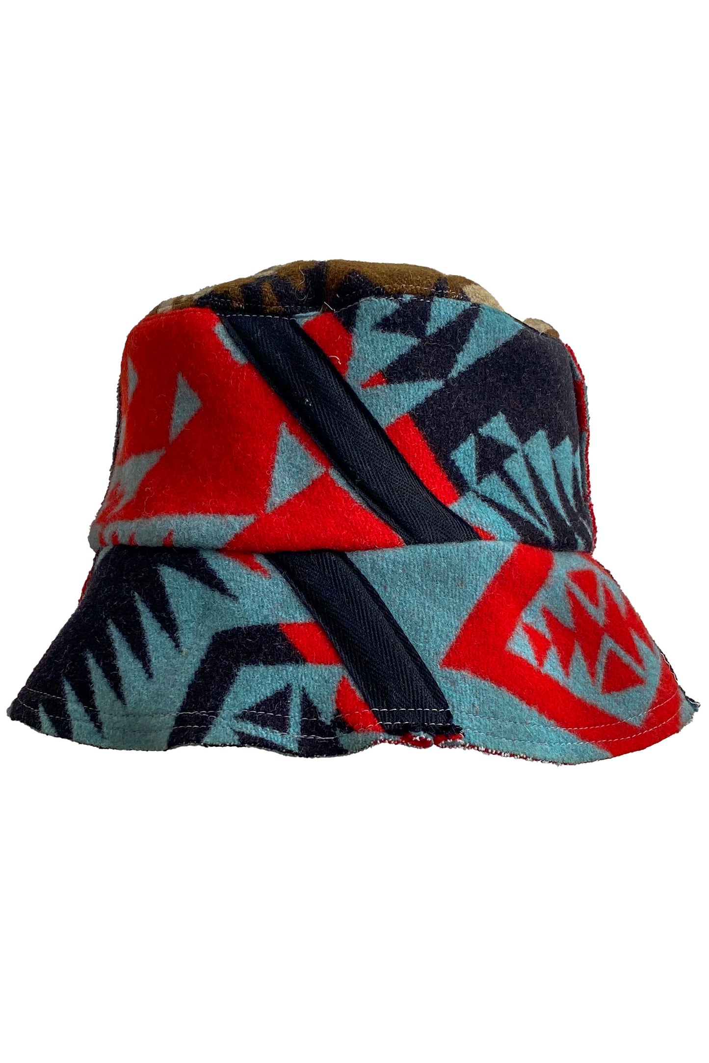 Bucket Hat from Blanket Wool - Red Orange, Blue & Camel #13 - Medium