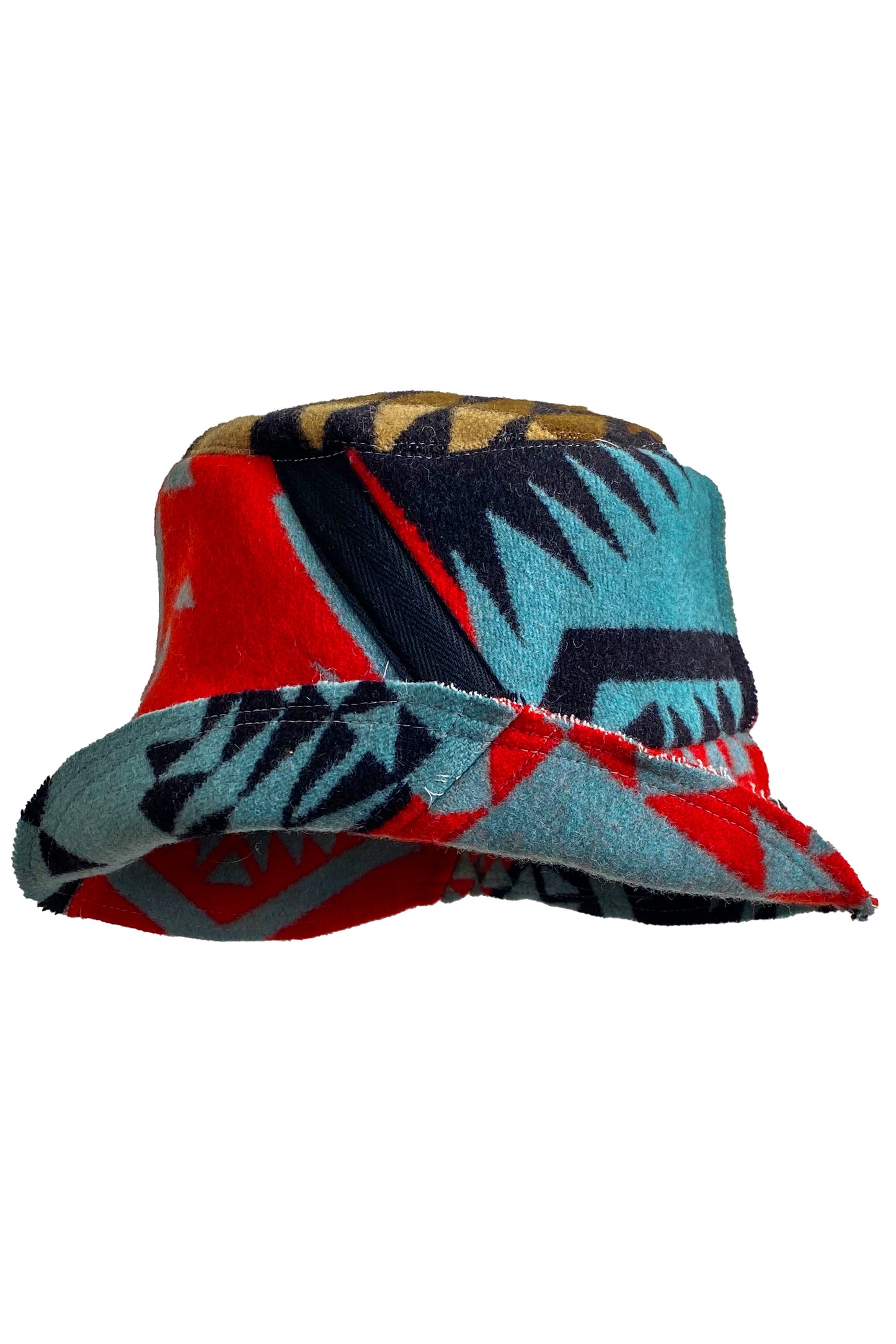 Bucket Hat from Blanket Wool - Red Orange, Blue & Camel #13 - Medium