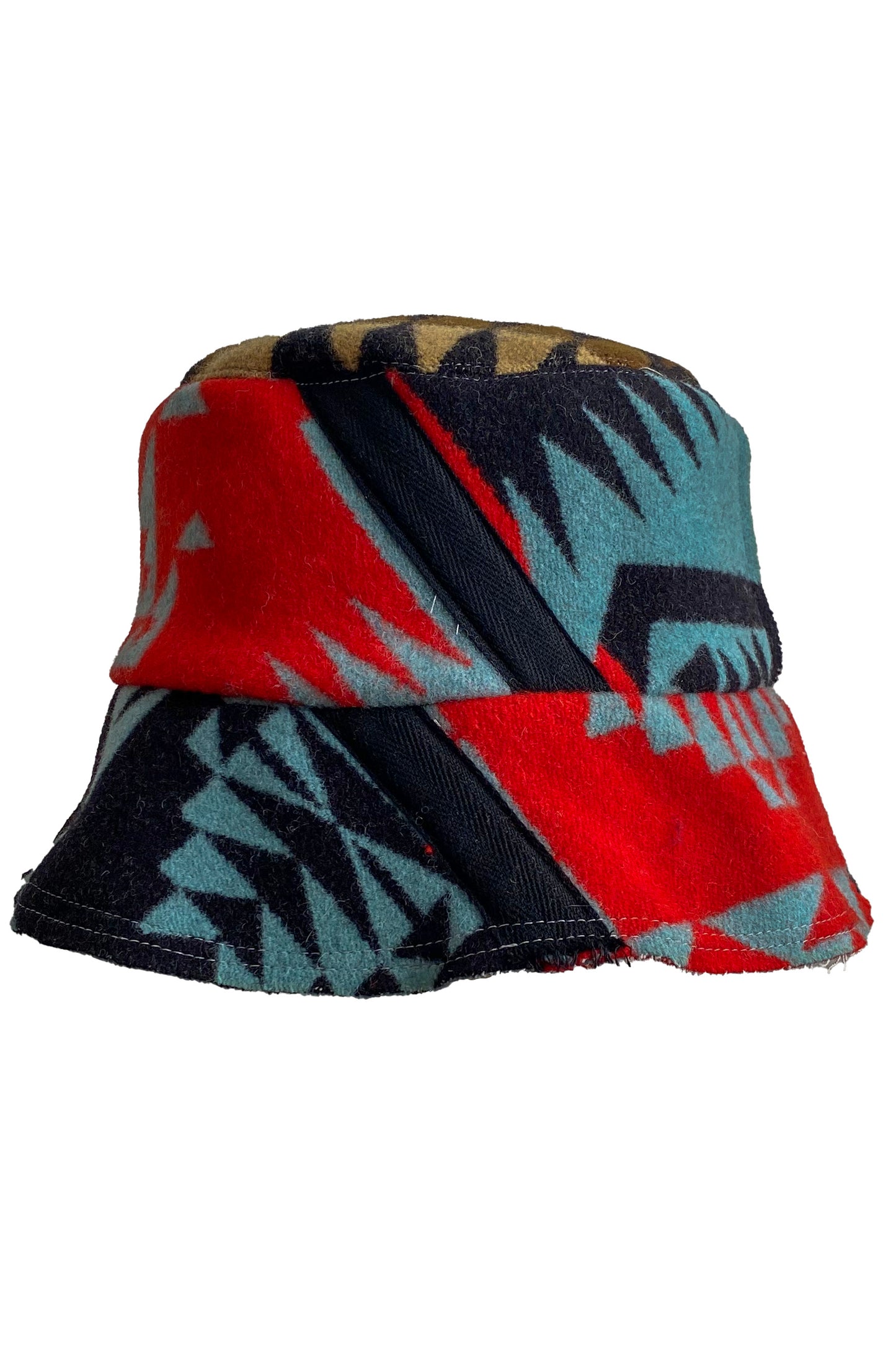 Bucket Hat from Blanket Wool - Red Orange, Blue & Camel #13 - Medium