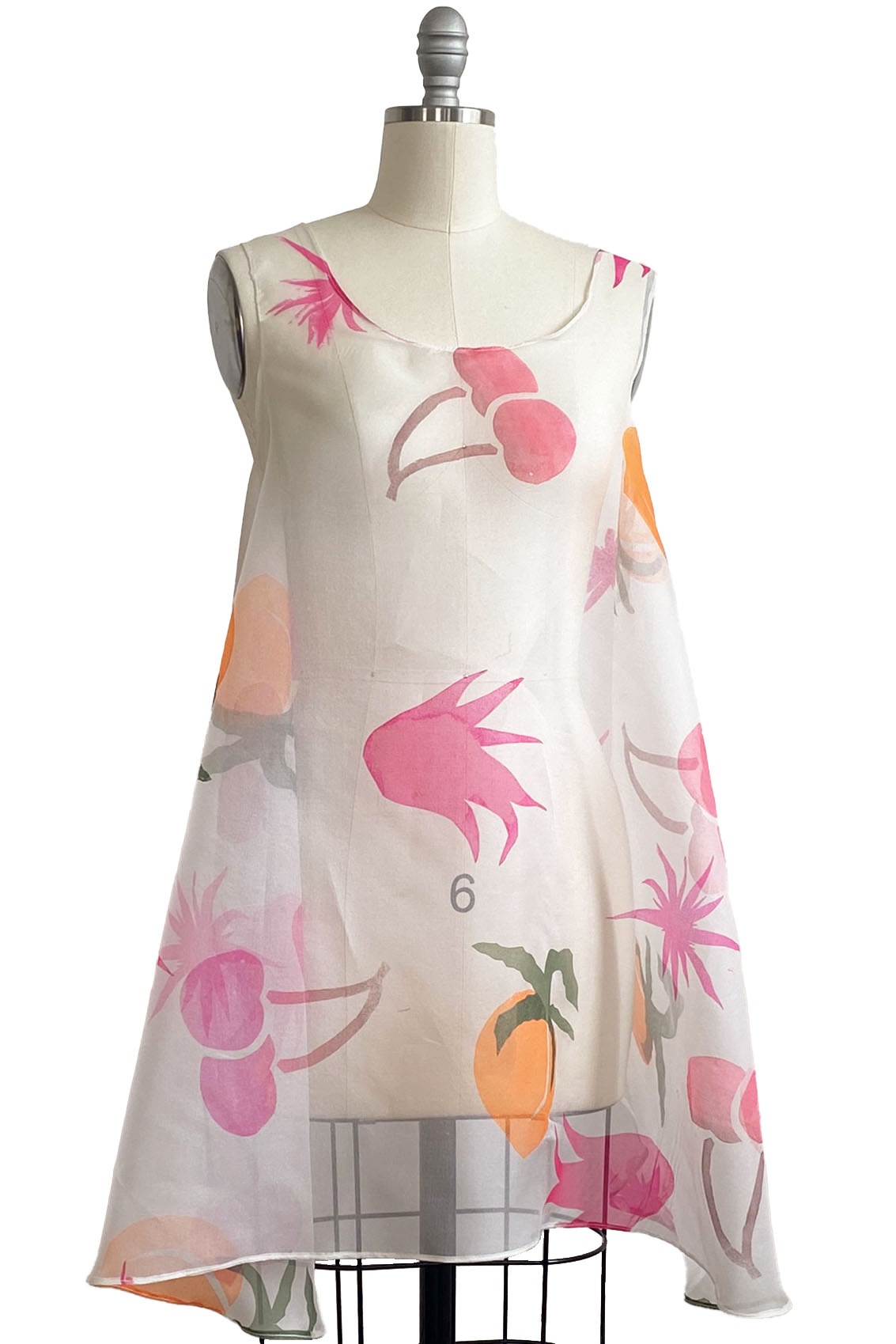 Apron Dress in Organza w/ Papercut Fruit Print - White, Pink & Orange
