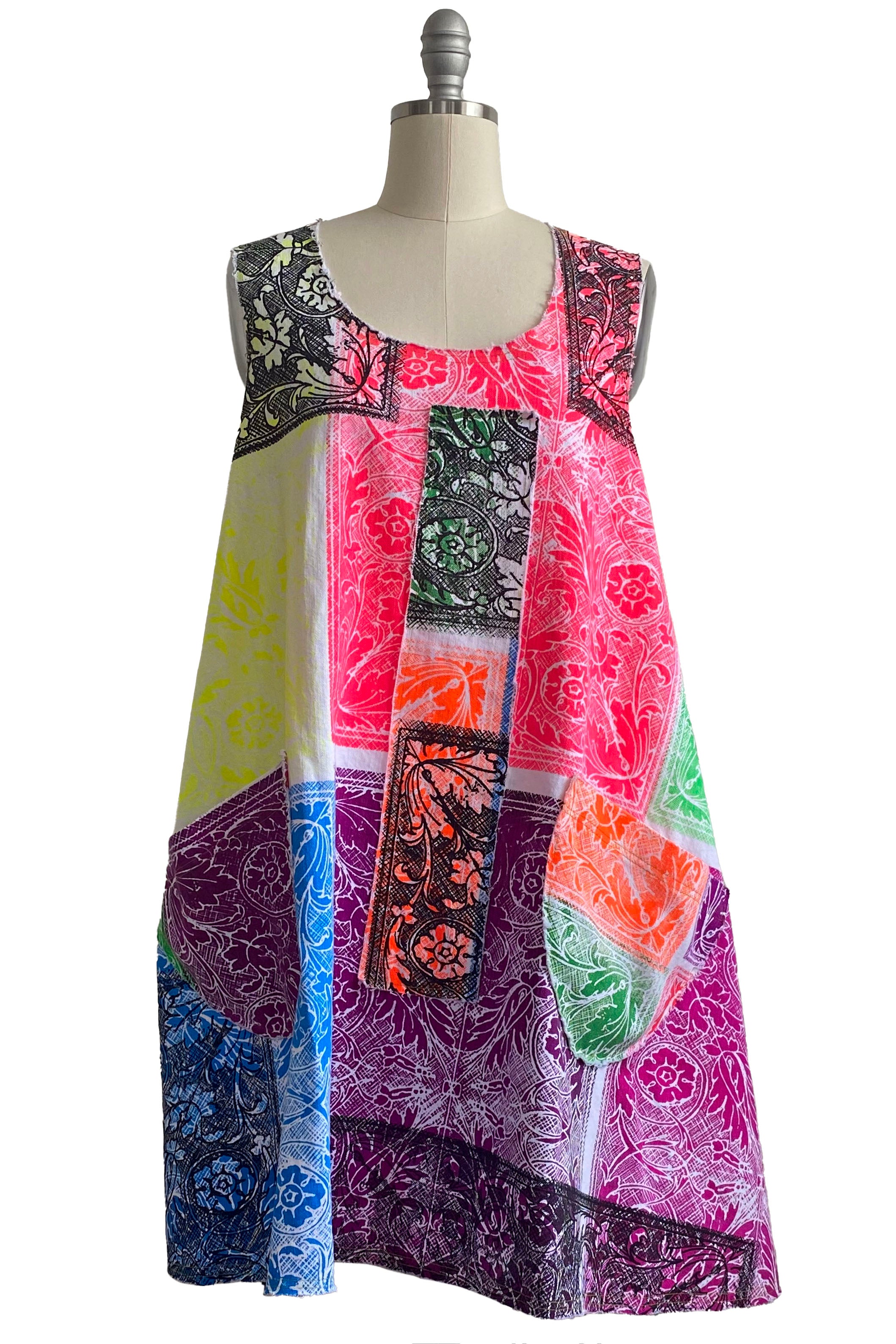 Apron Dress in Cotton - Patchwork Print - Neon