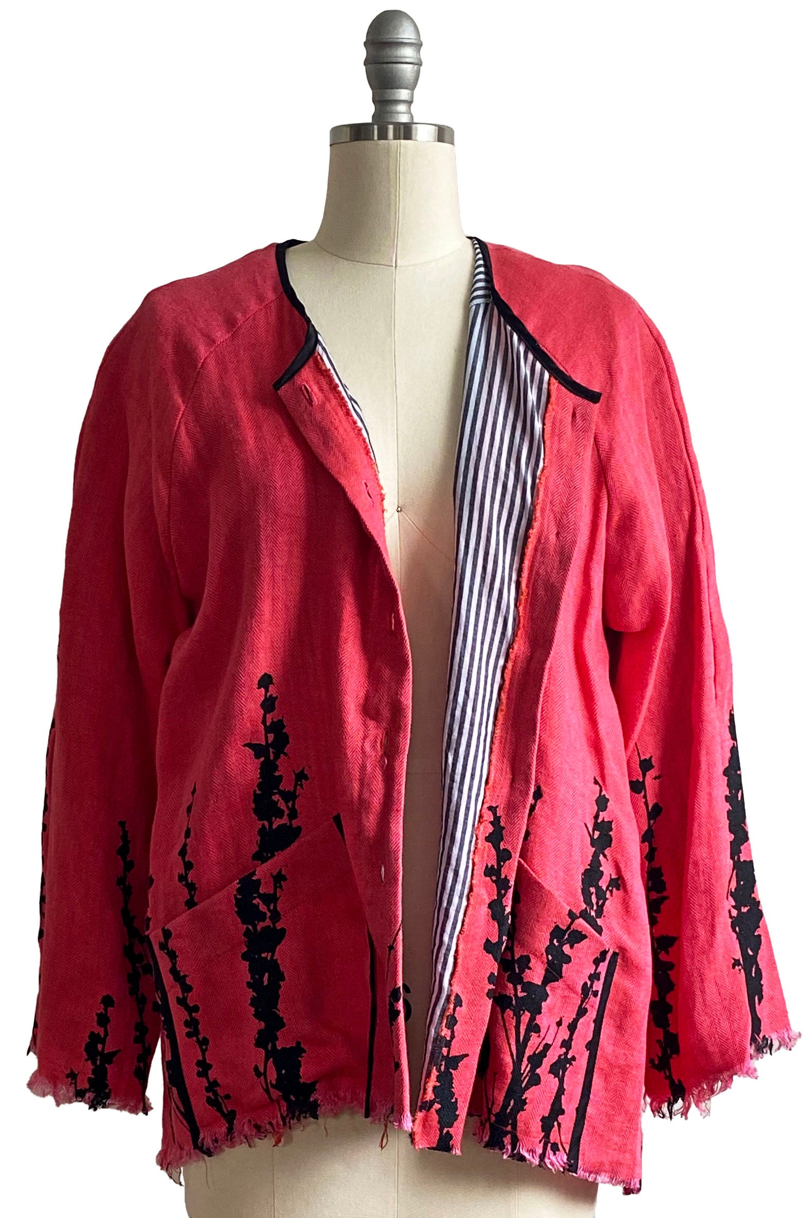 Ariel Jacket w/ Hollyhock Print - Red w/ Stripe Lining