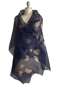 Asymmetrical Wrap Vest - Silk Organza w/ Ginkgo Print - Eggplant & Natural