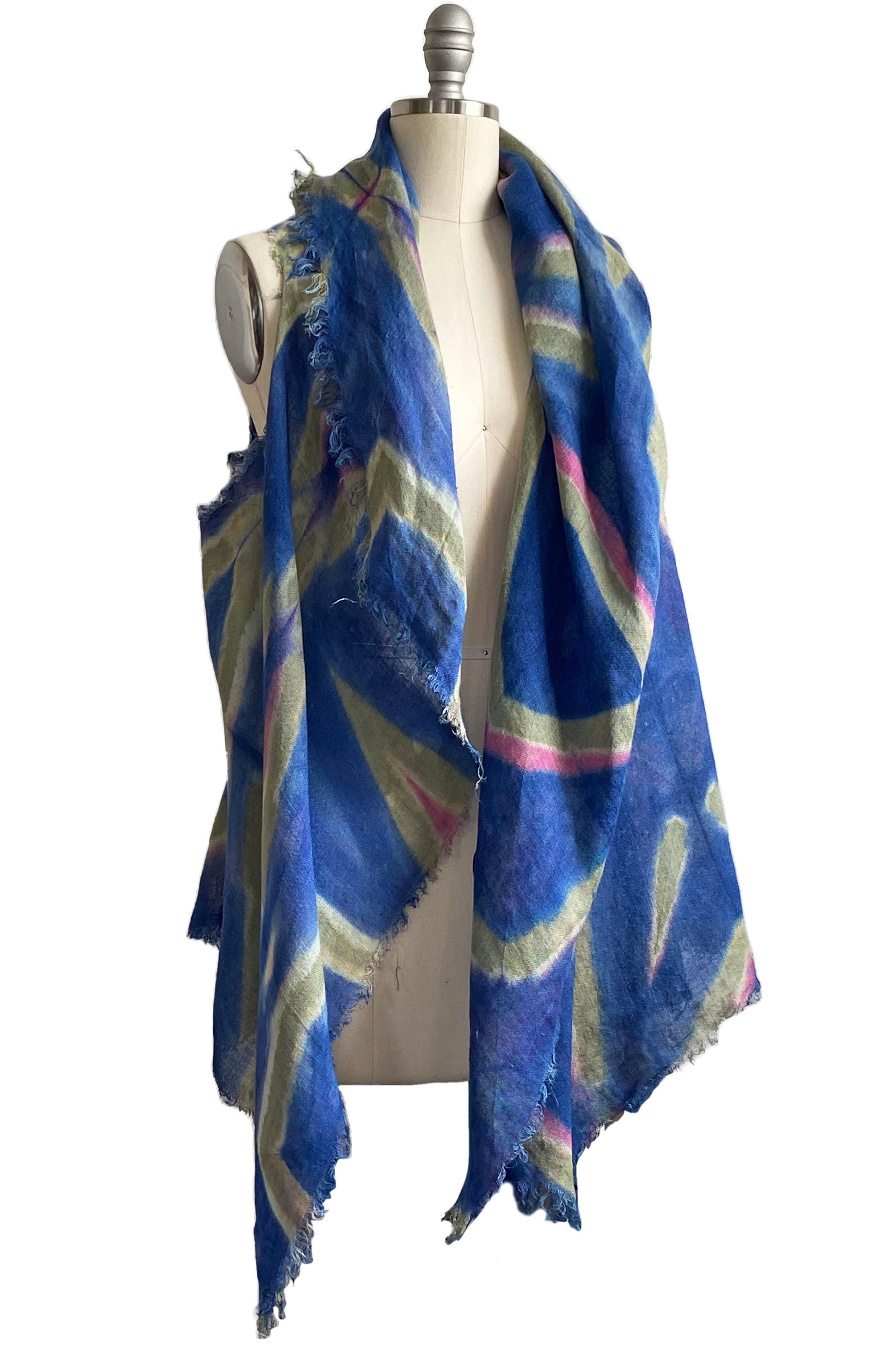 Asymmetrical Wrap Vest - Open Weave Linen w/ Itajime Dye - Periwinkle, Olive & Pink