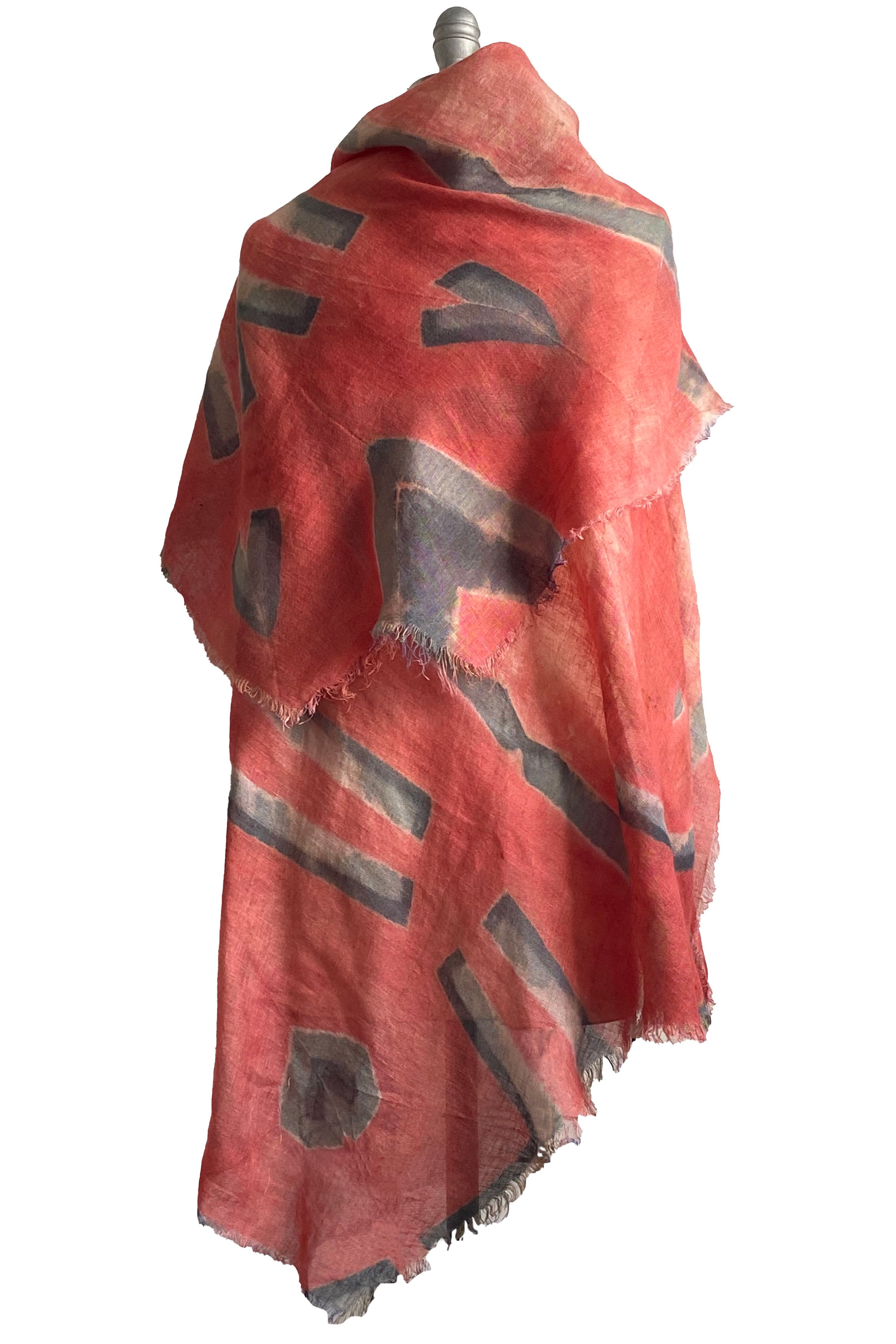Asymmetrical Wrap Vest - Open Weave Linen w/ Itajime Dye - Coral Orange & Grey