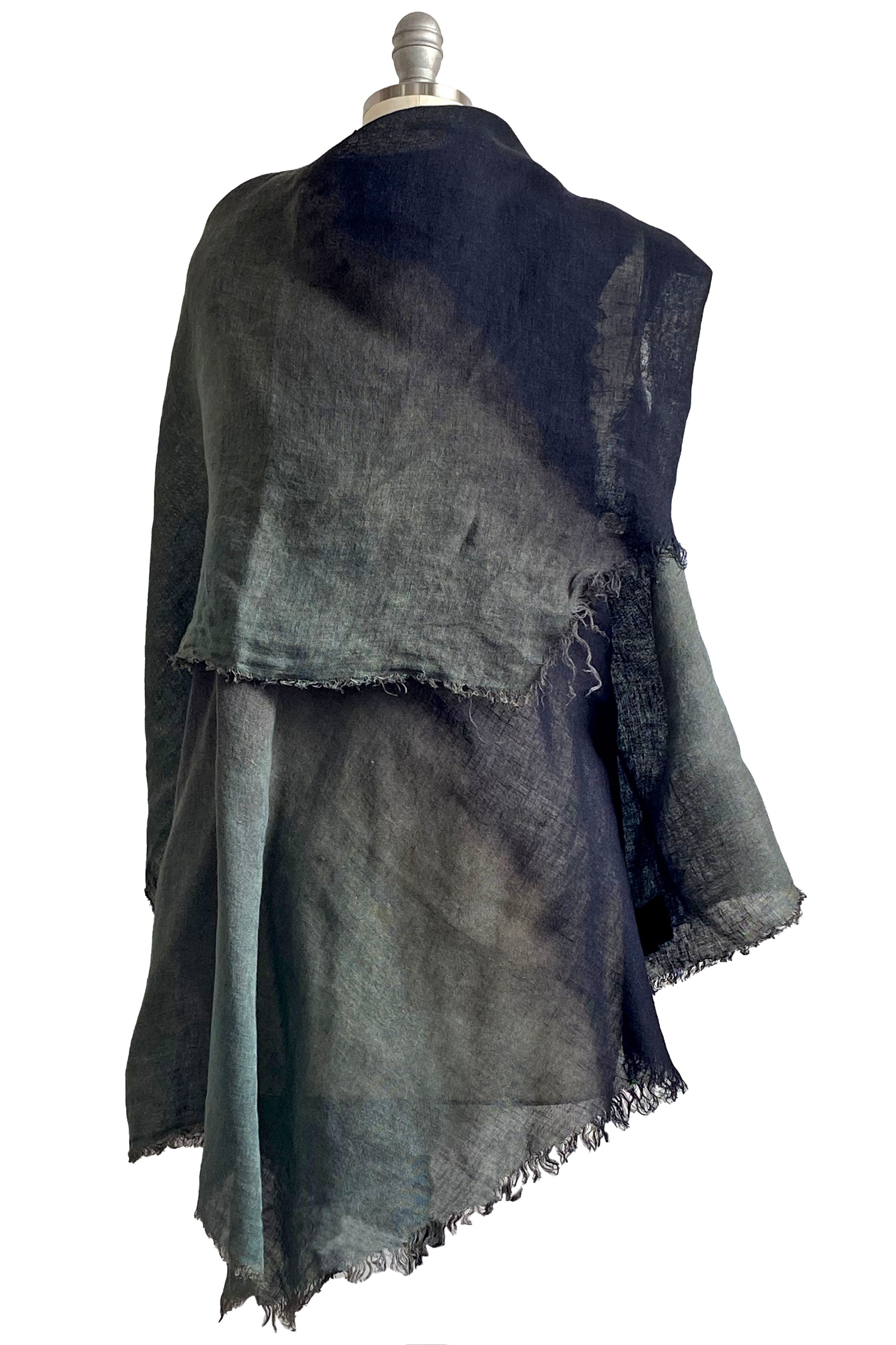 Asymmetrical Wrap Vest - Open Weave Linen w/ Ombre Dye - Grey Sage & Black