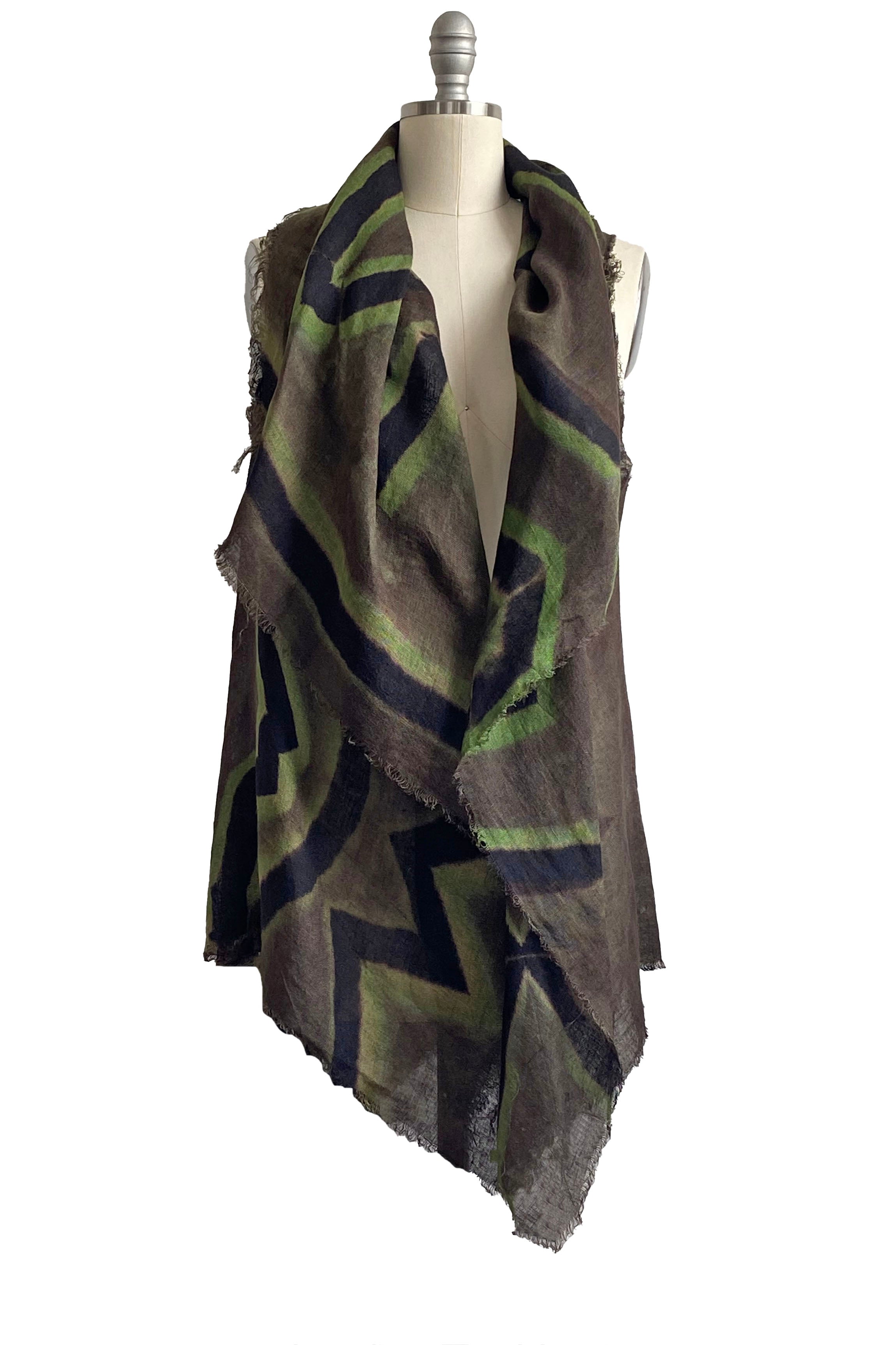 Asymmetrical Wrap Vest - Open Weave Linen w/ Itajime Dye - Grey, Green & Black