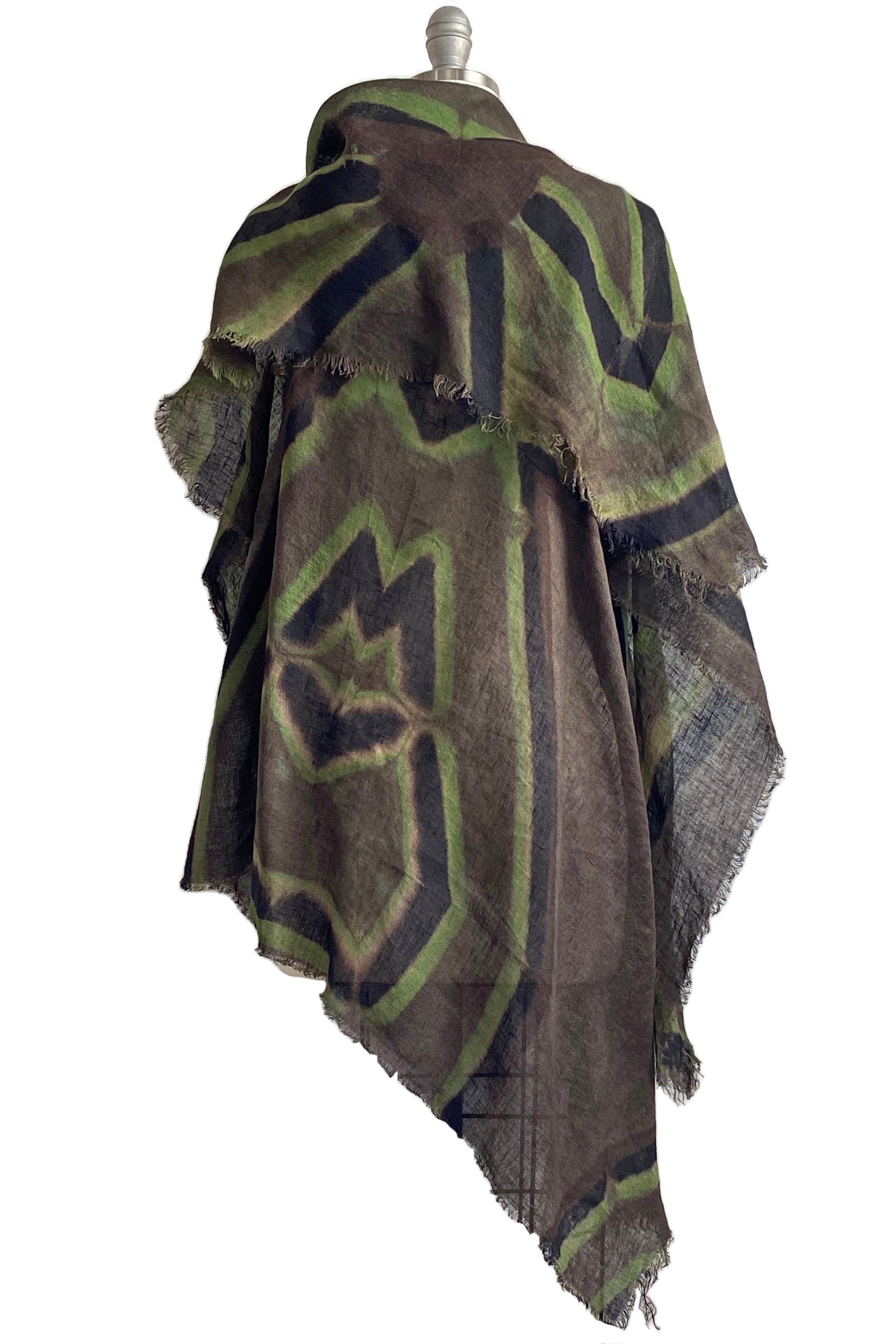 Asymmetrical Wrap Vest - Open Weave Linen w/ Itajime Dye - Grey, Green & Black
