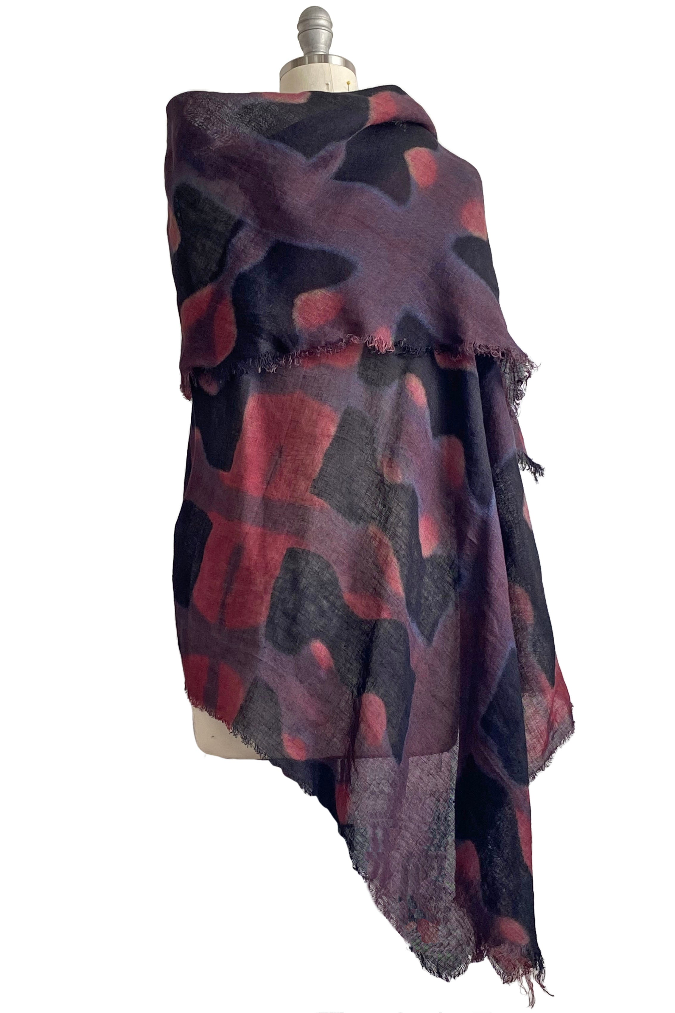 Asymmetrical Wrap Vest - Open Weave Linen w/ Itajime Dye - Black, Red & Purple