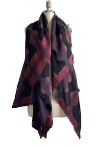 Asymmetrical Wrap Vest - Open Weave Linen w/ Itajime Dye - Black, Red & Purple