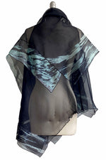 Load image into Gallery viewer, Asymmetrical Wrap Vest - Silk Organza w/ Brush Stroke - Black &amp; Light Blue
