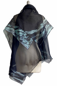Asymmetrical Wrap Vest - Silk Organza w/ Brush Stroke - Black & Light Blue