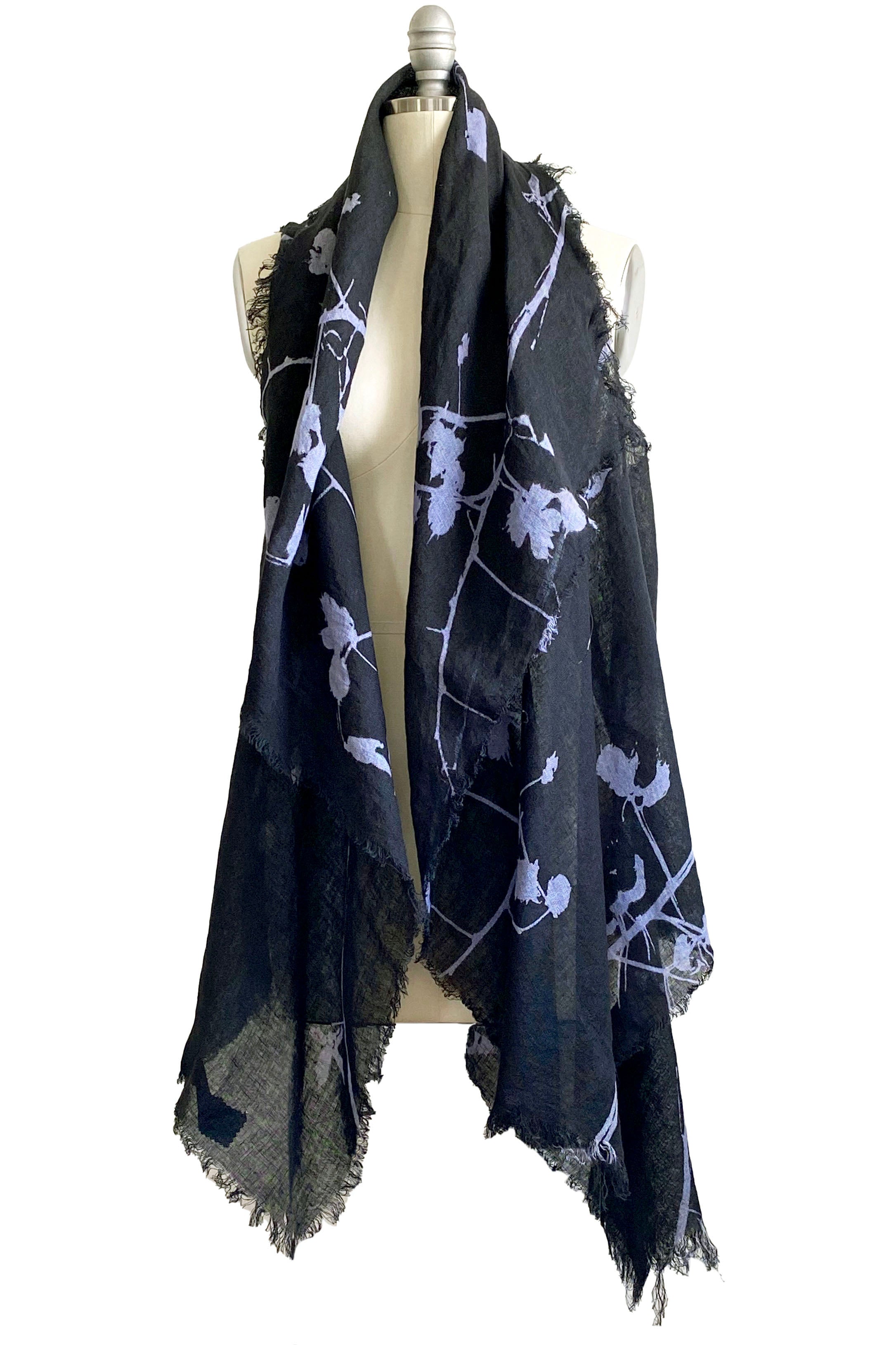 Asymmetrical Wrap Vest - Open Weave Linen w/ Cotton Print - Black & Lilac