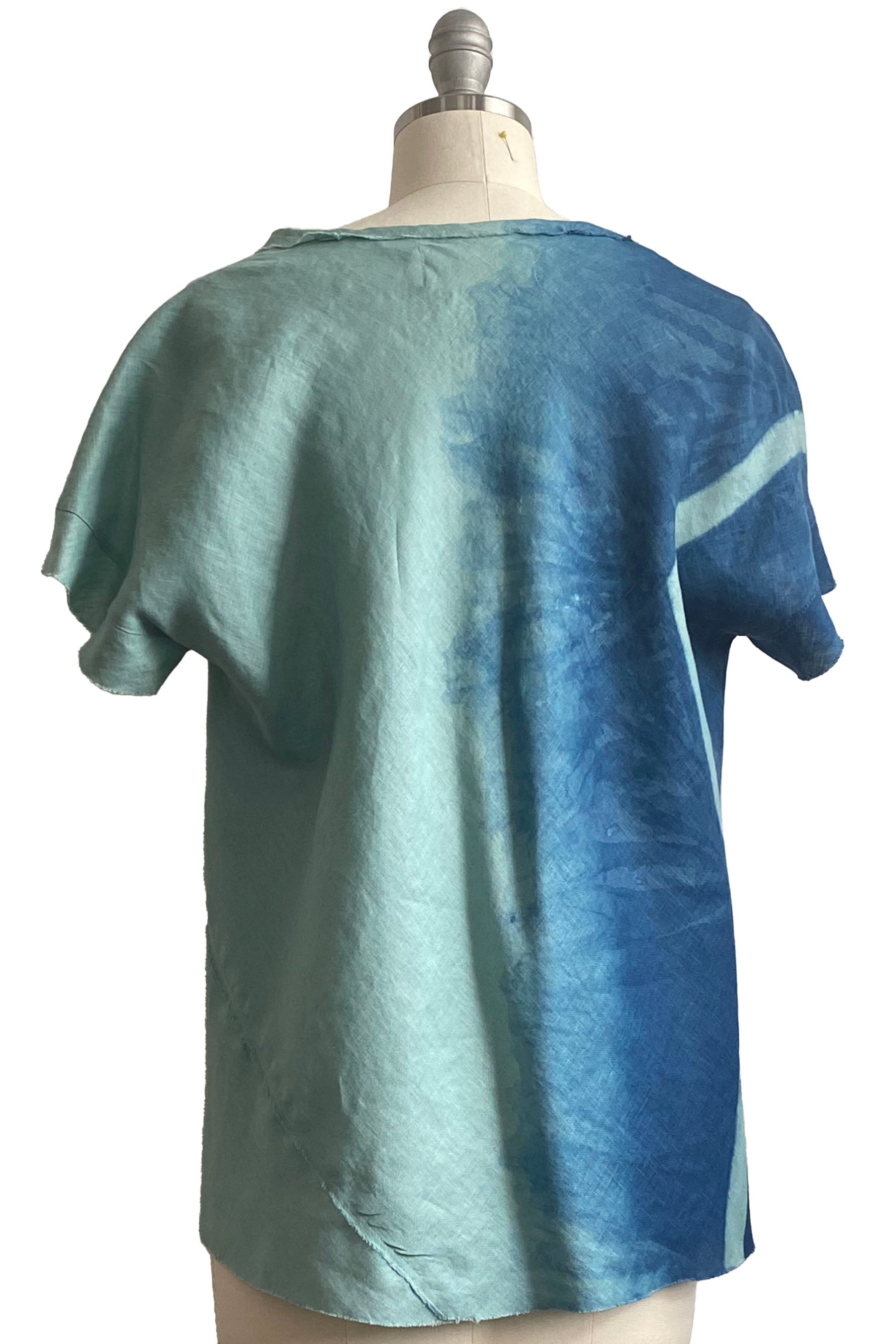Athena Top in Linen w/ Itajime Dye - Aqua & Blue - Small