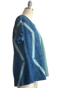 Athena Top in Linen w/ Itajime Dye - Aqua & Blue - Small