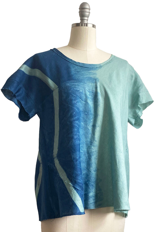 Athena Top in Linen w/ Itajime Dye - Aqua & Blue - Small