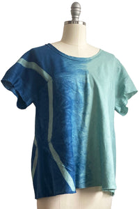 Athena Top in Linen w/ Itajime Dye - Aqua & Blue - Small