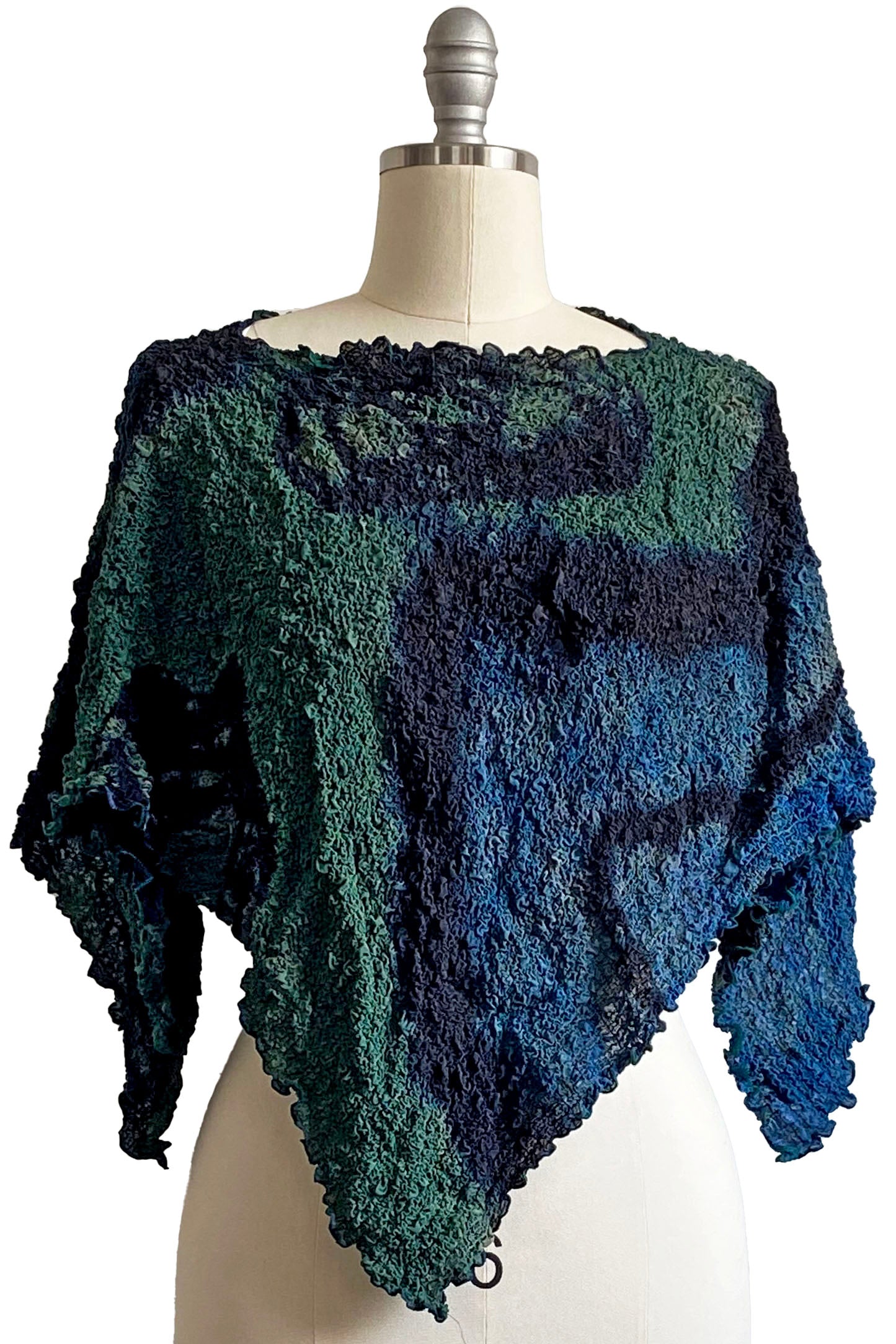 Bubble Silk Poncho w/ River Dye - Green, Black & Blue