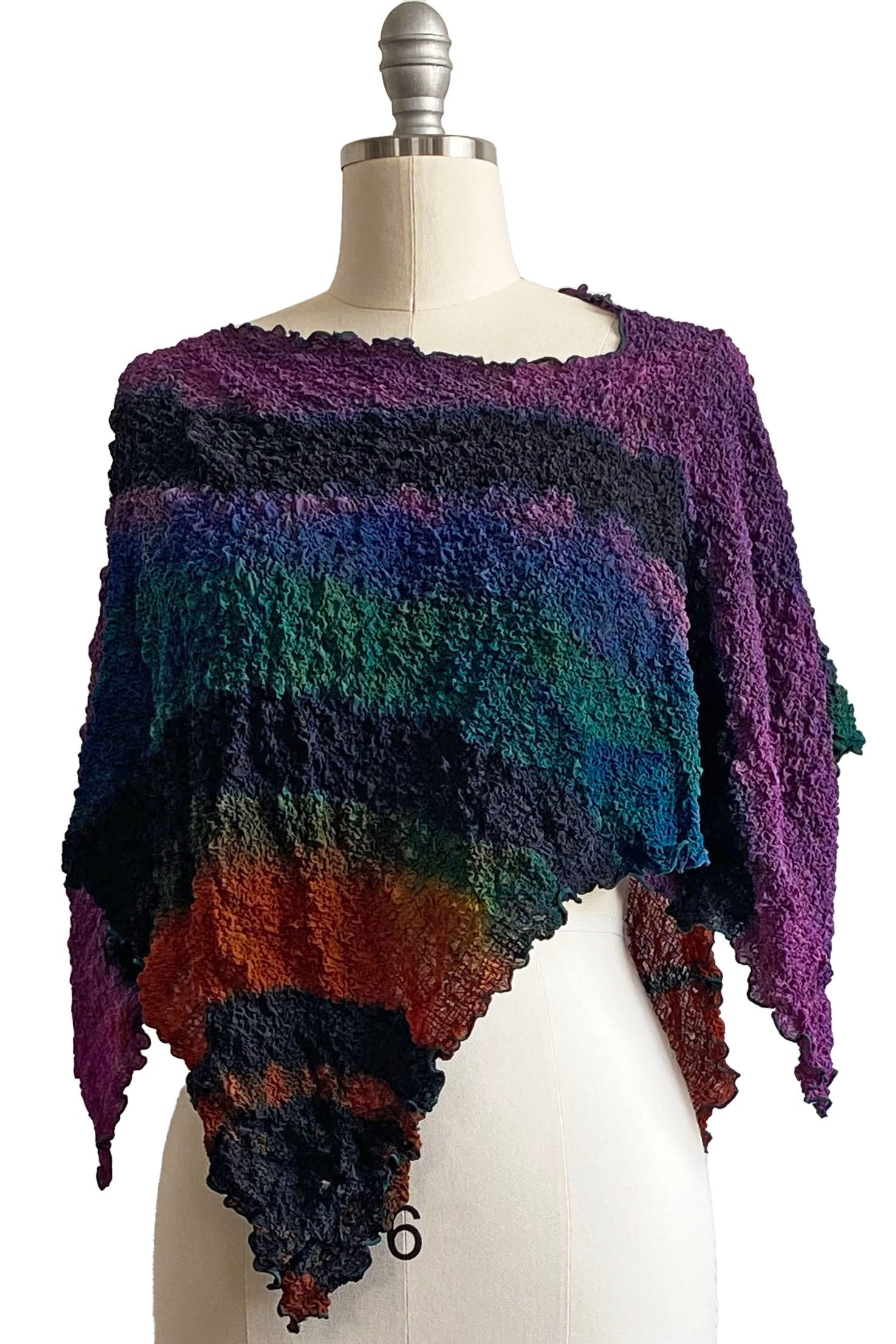 Poncho in Bubble Silk w/ River Dye - Black, Blue, Purple & Orange