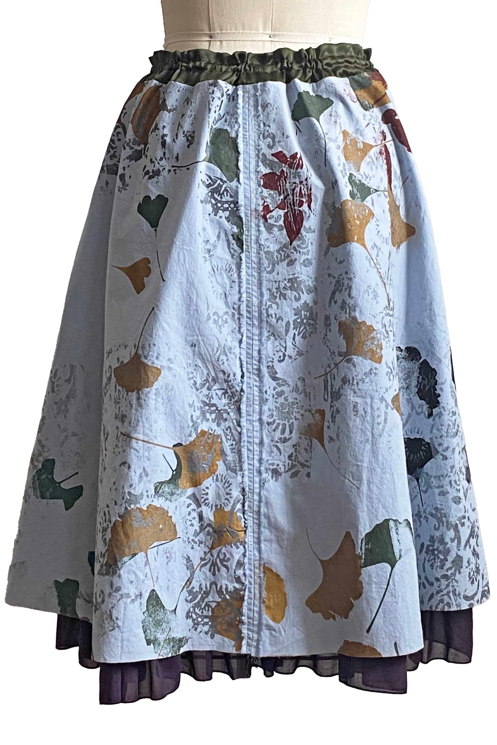 Cannes Skirt w/ Wallpaper Ginkgo Print - Light Blue & Eggplant