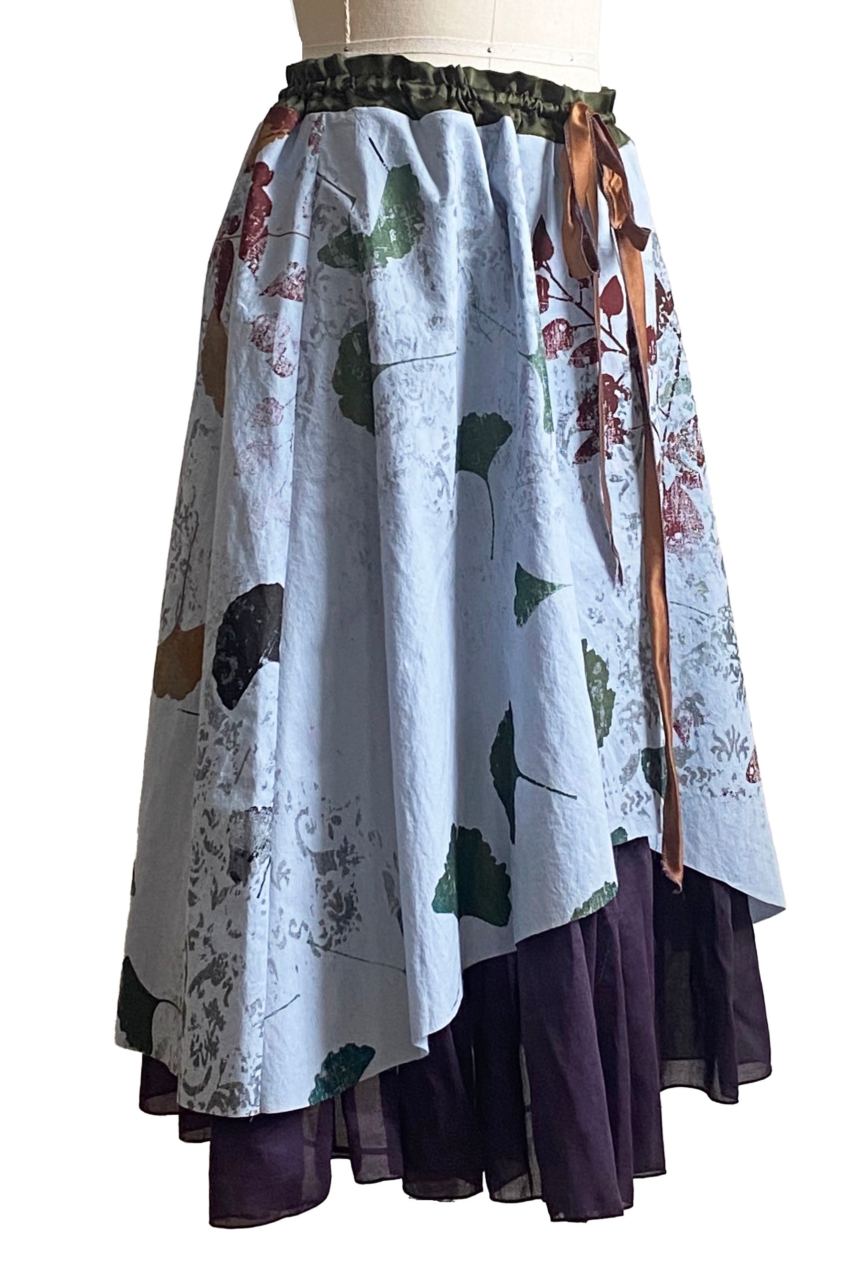 Cannes Skirt w/ Wallpaper Ginkgo Print - Light Blue & Eggplant