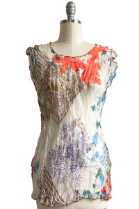 Crinkle Cap Sleeve Tunic  w/ Table Top Print - White, Gold, Neon Coral