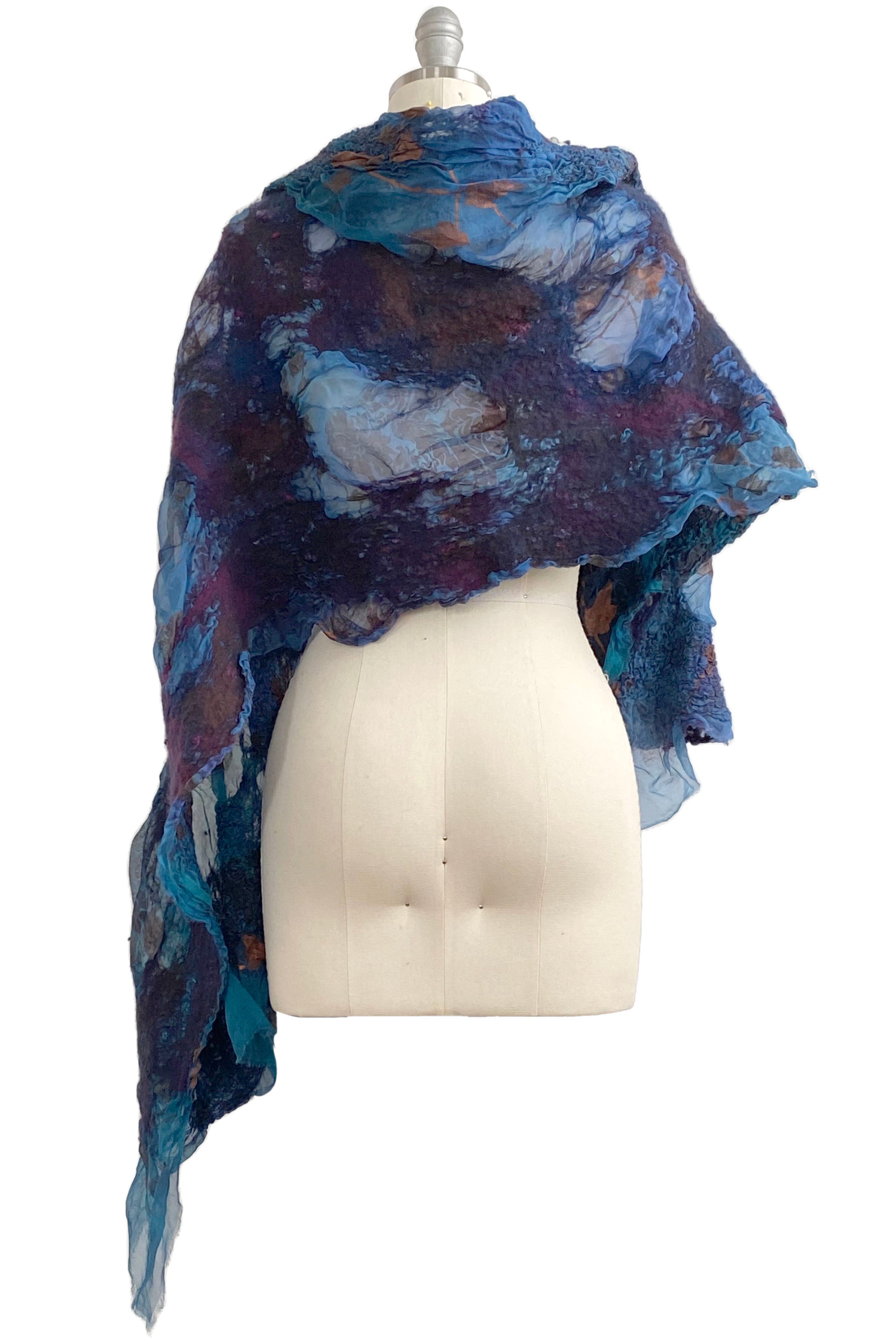 Navy Blue Felted Wool Scarf with Silk, Women Felted Scarf