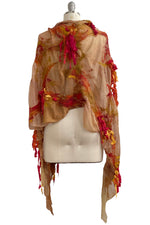 Load image into Gallery viewer, Felted Shawl - Silk Chiffon - Tan w/ Red &amp; Gold
