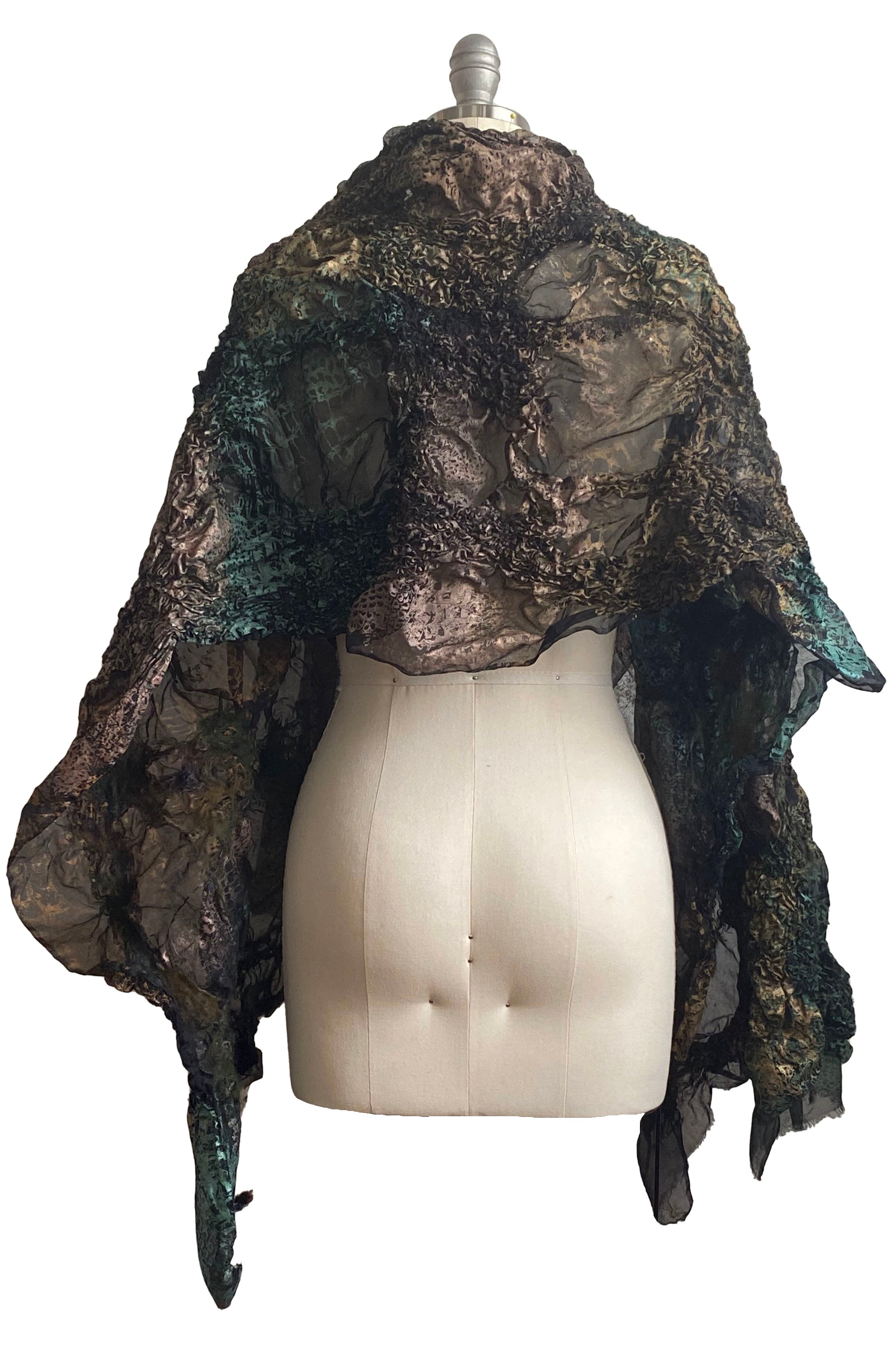 Felted Shawl - Silk Organza - Copper & Green Reptile