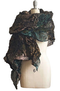 Felted Shawl - Silk Organza - Copper & Green Reptile