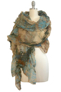 Felted Shawl - Silk Organza - Tea Stained & Blue w/ Tile Print