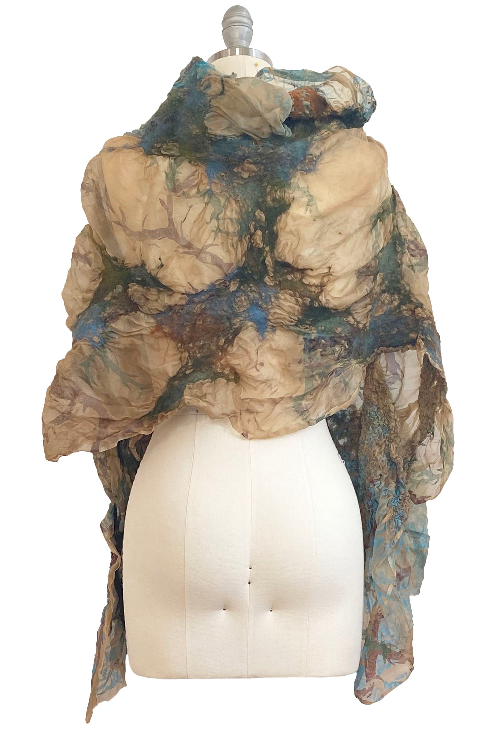 Felted Shawl - Silk Organza - Tea Stained & Blue w/ Tile Print