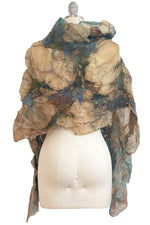 Load image into Gallery viewer, Felted Shawl - Silk Organza - Tea Stained &amp; Blue w/ Tile Print
