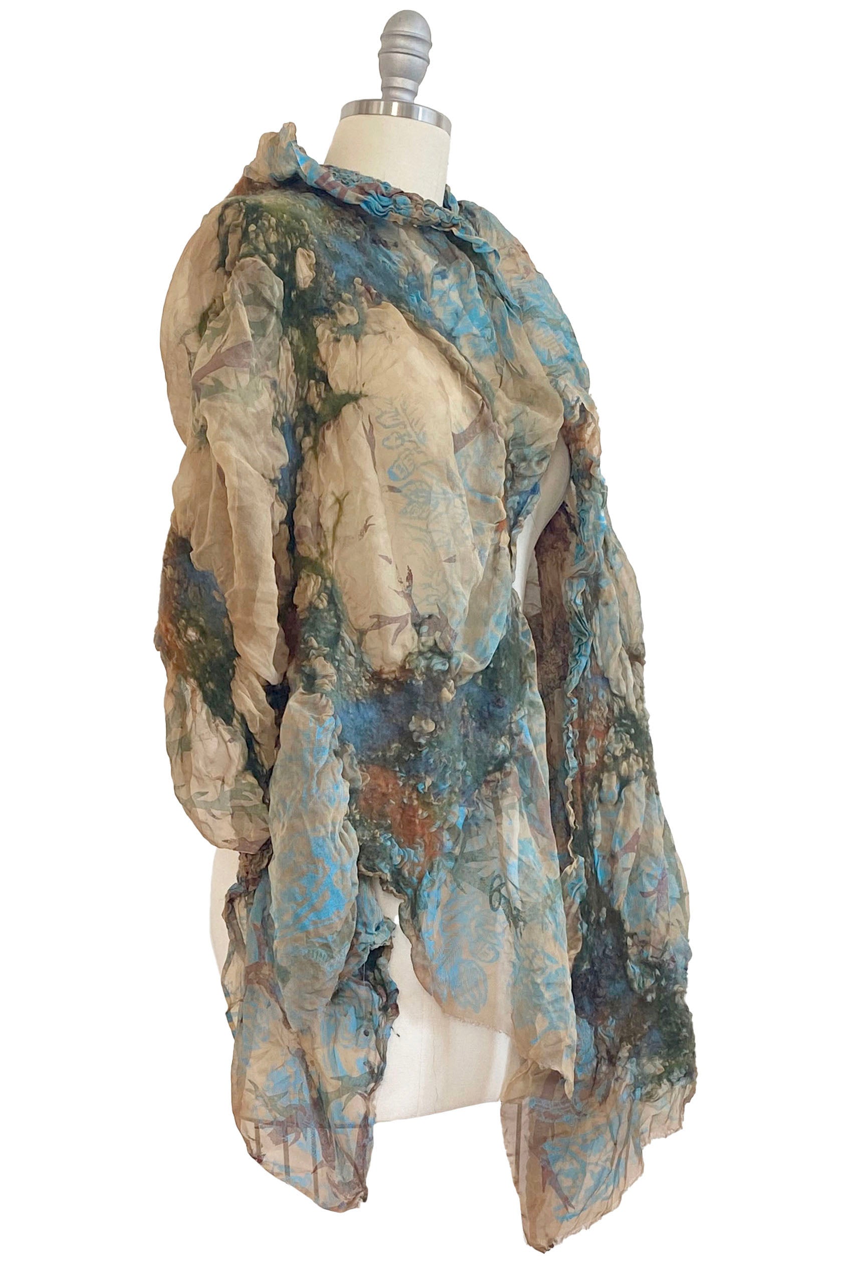 Felted Shawl - Silk Organza - Tea Stained & Blue w/ Tile Print