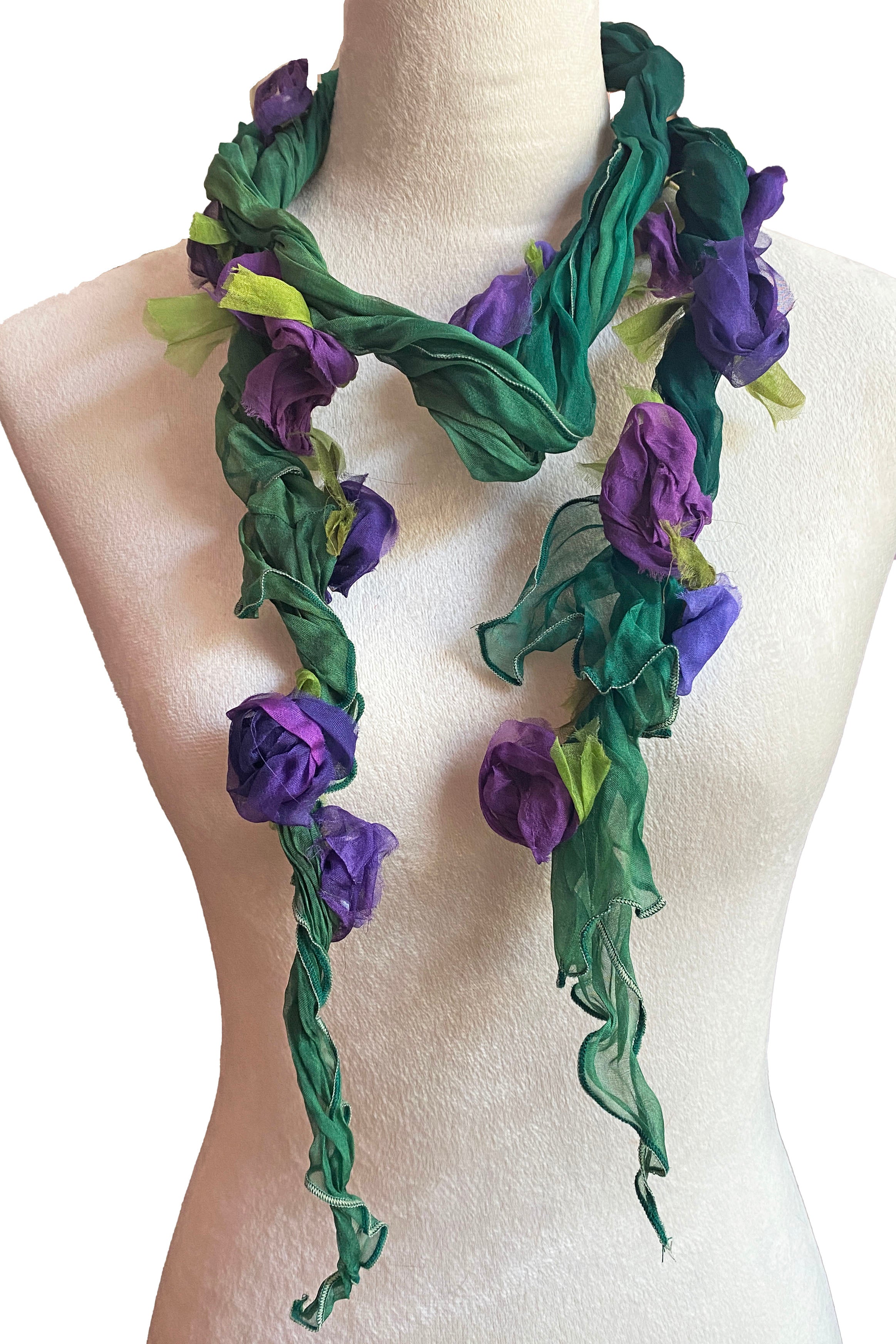 3D Flower Scarf - Green w/ Purple Multi