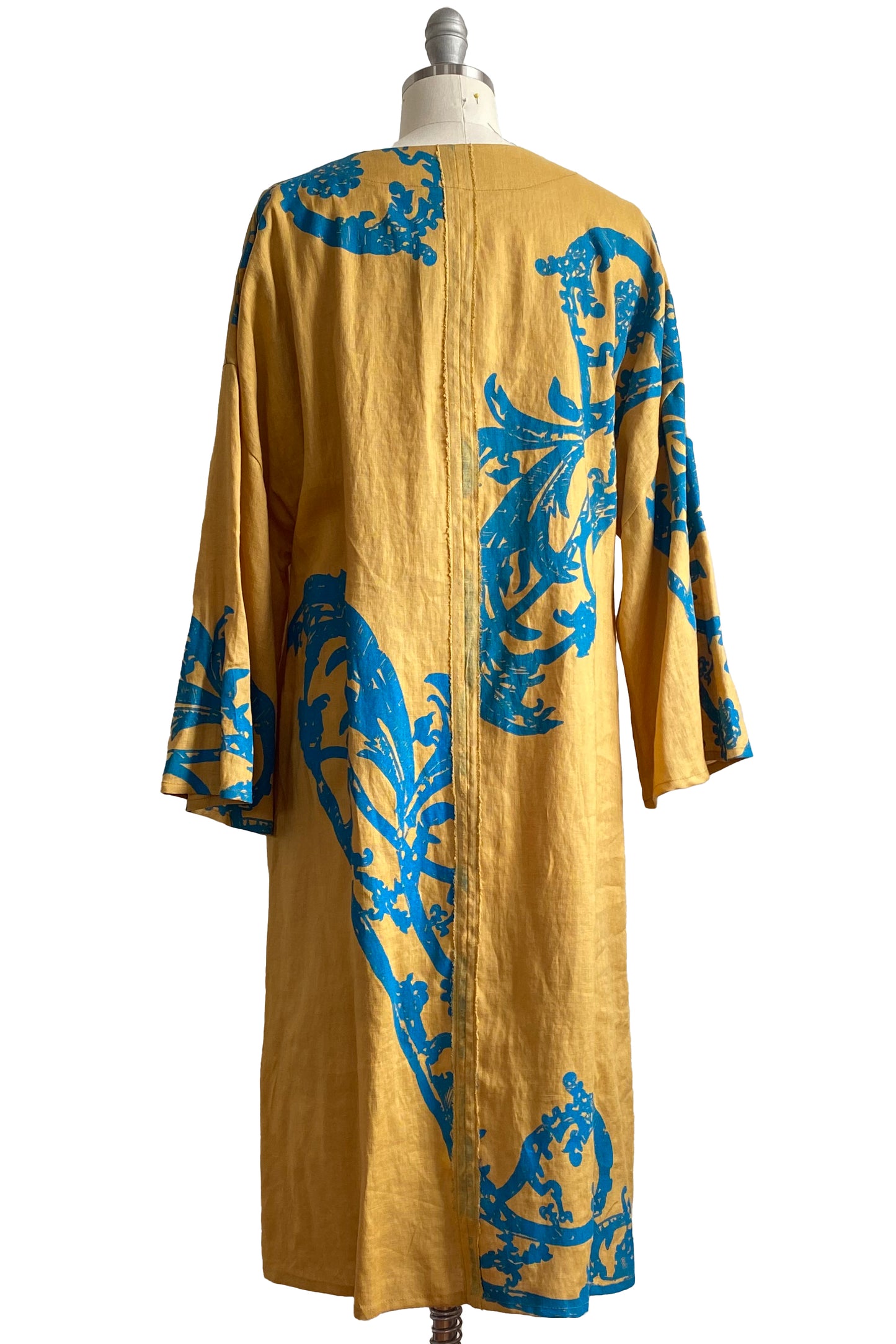 Kaftan Dress w/ Rail Print - Gold & Turquoise