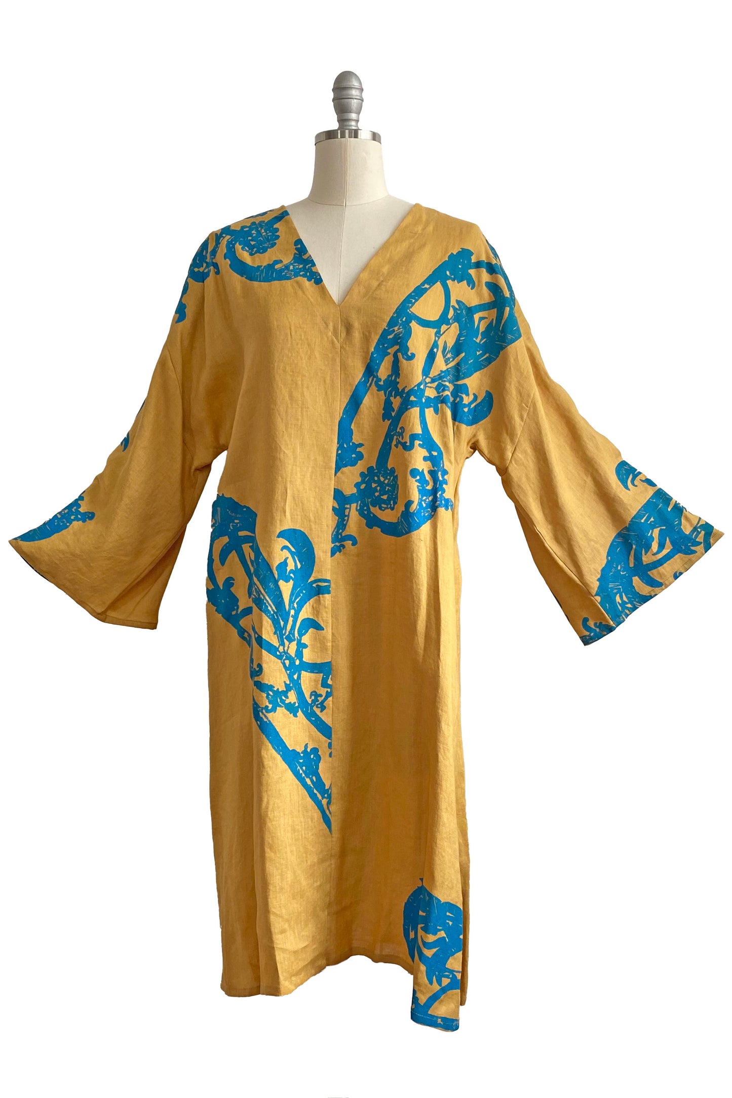 Kaftan Dress w/ Rail Print - Gold & Turquoise