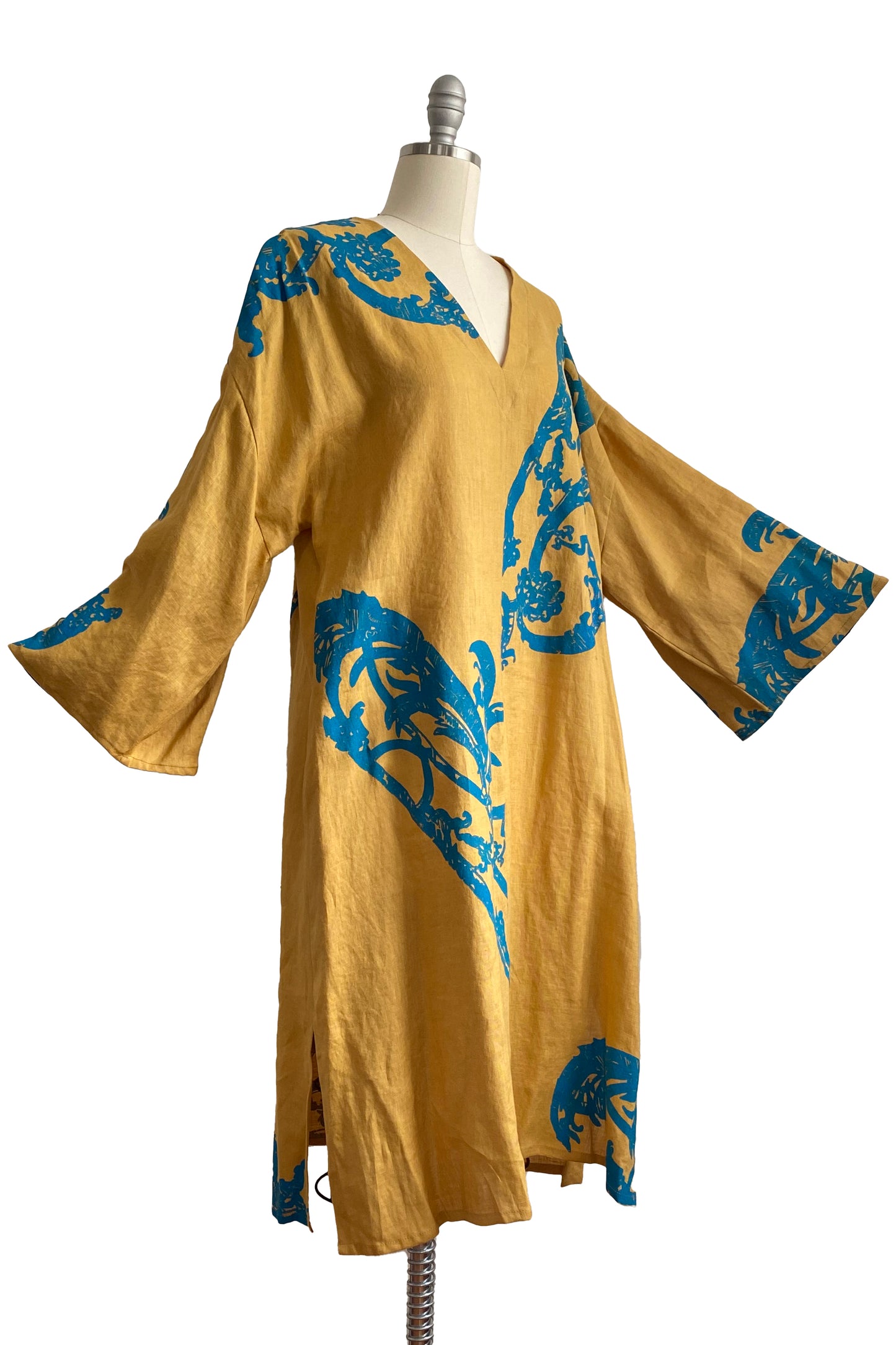 Kaftan Dress w/ Rail Print - Gold & Turquoise