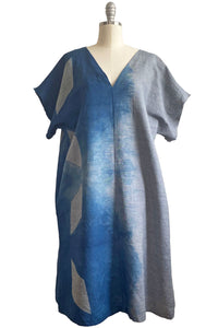 Short Sleeve Kaftan Dress - Grey & Indigo Itajime - M/L