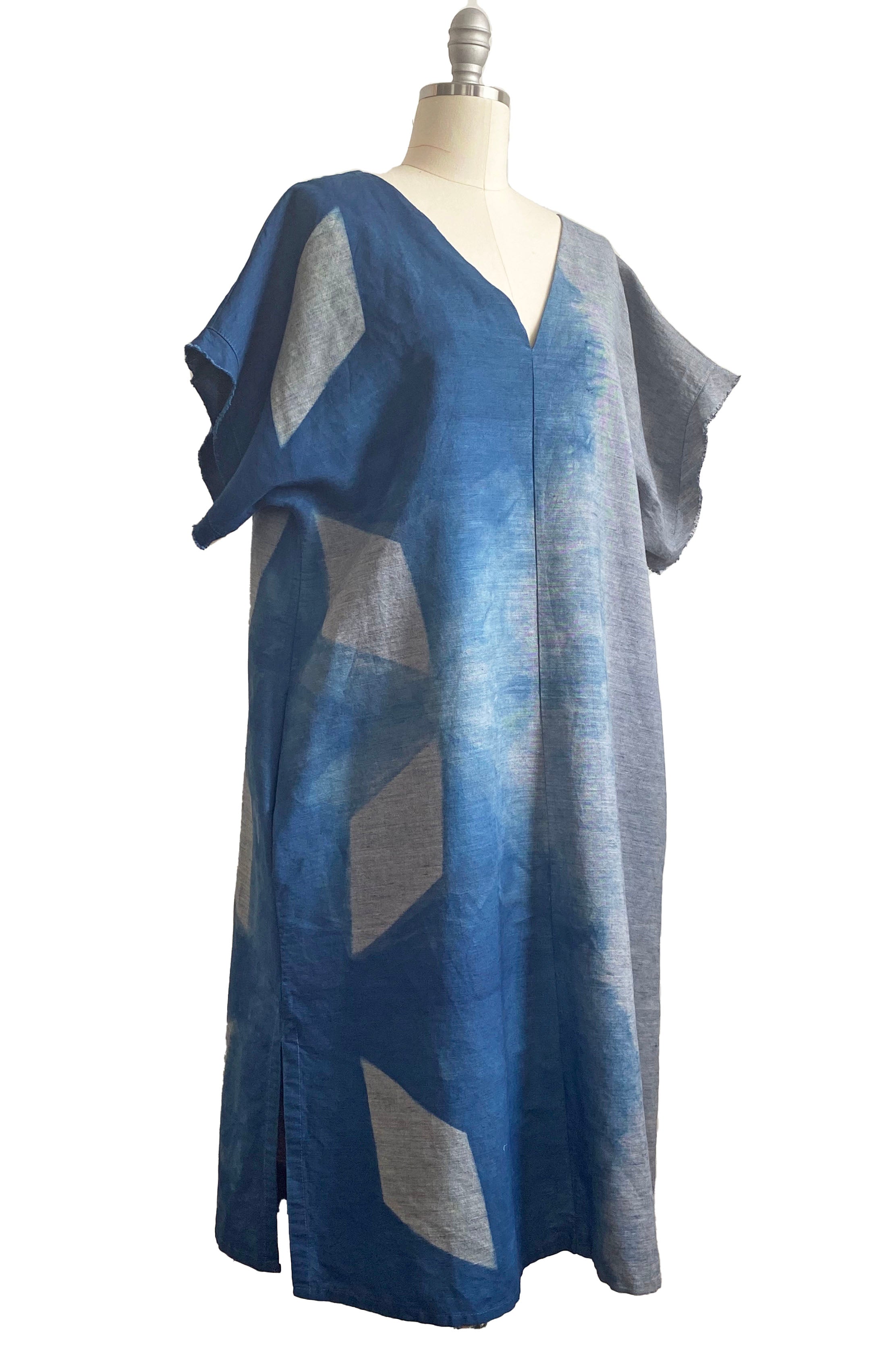 Short Sleeve Kaftan Dress - Grey & Indigo Itajime - M/L
