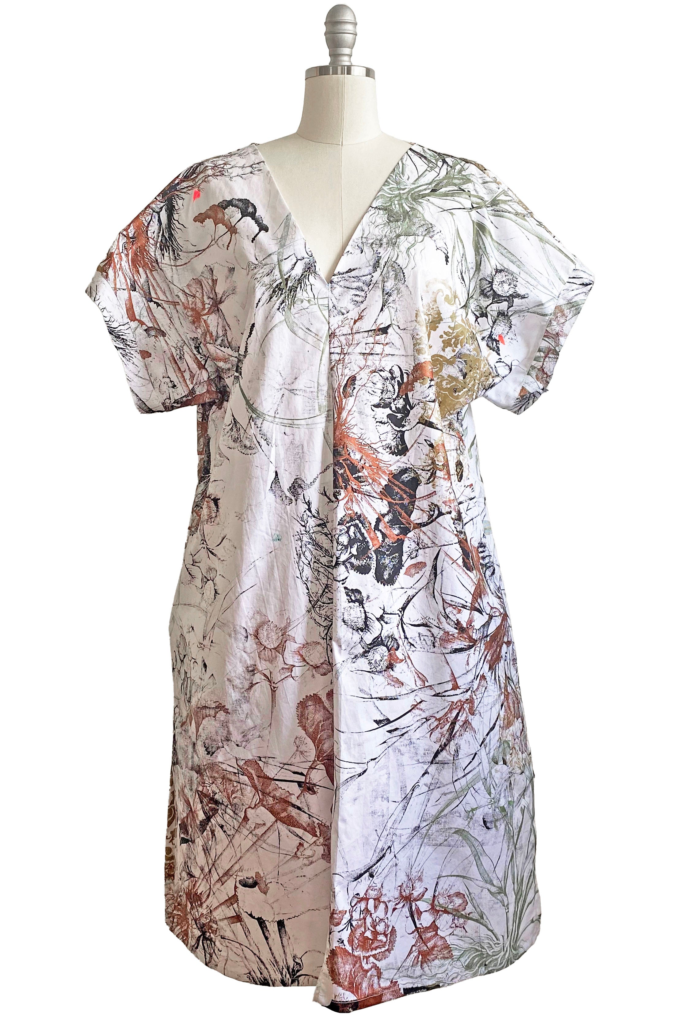 Short Sleeve Kaftan Dress - Marsh Garden Print - White - M/L