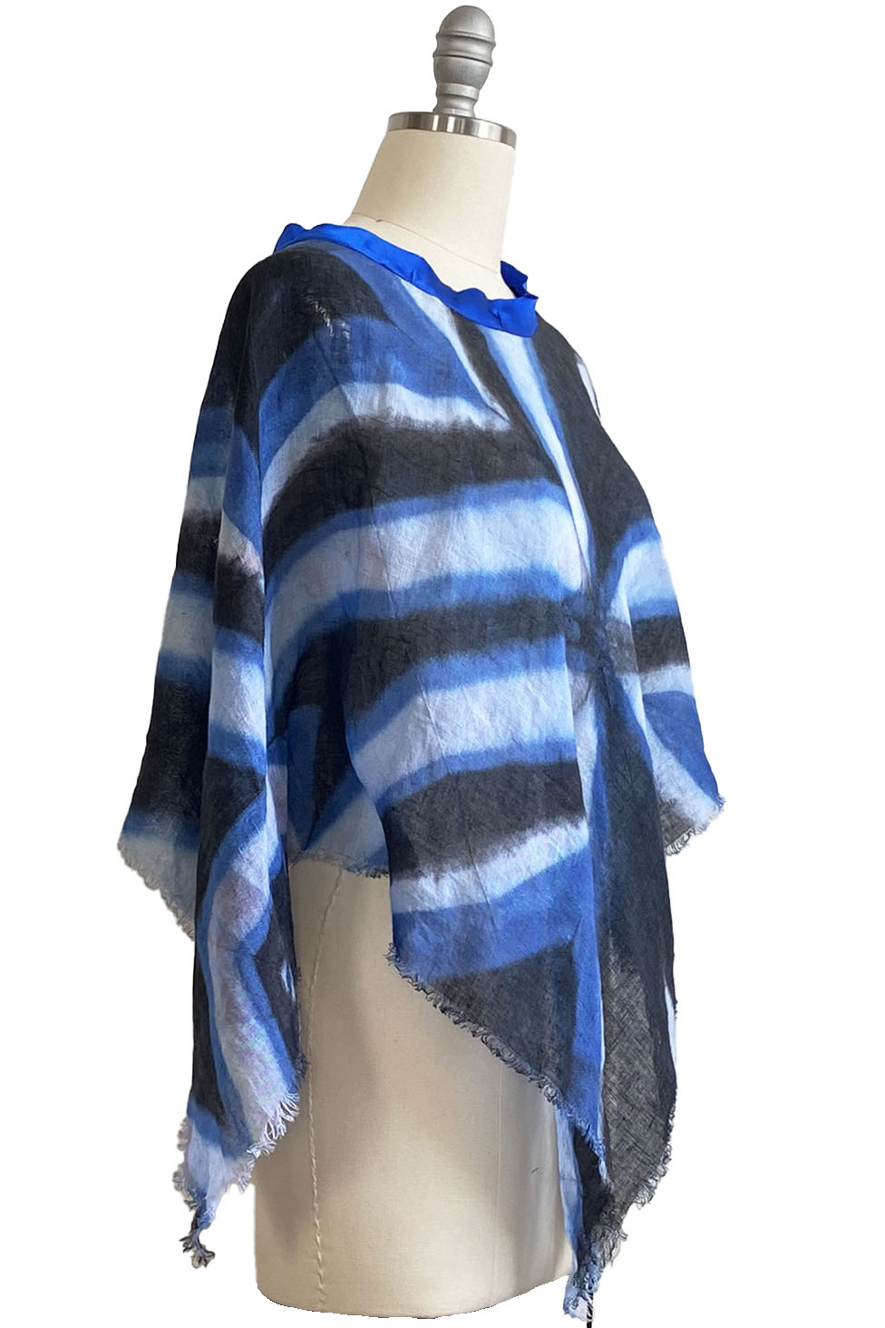 Poncho in Open Weave Linen w/ Itajime Dye - Blue, White & Black