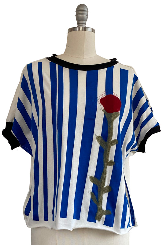 Jen Top | Organic Cotton Jersey | Painted Stripe & Felted Flower | White, Blue & Black | Medium