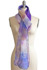Load image into Gallery viewer, Organza Scarf w/ Hydrangea Print - Purple &amp; Gold
