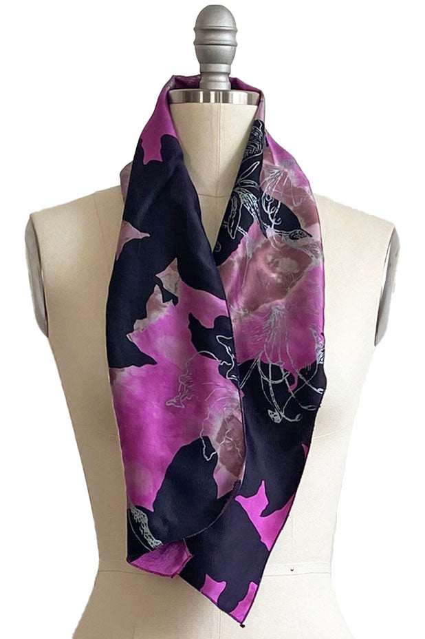 Silk Scarf w/ Azalea Print - Fuchsia & Black