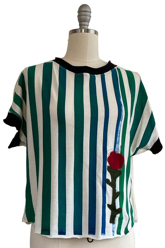 Jen Crop Top w/ Stripe & Felted Flower - White & Green - Small