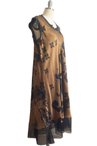 Titania Dress - Charmeuse w/ Organza Trim - Wallpaper Print Black & Bronze
